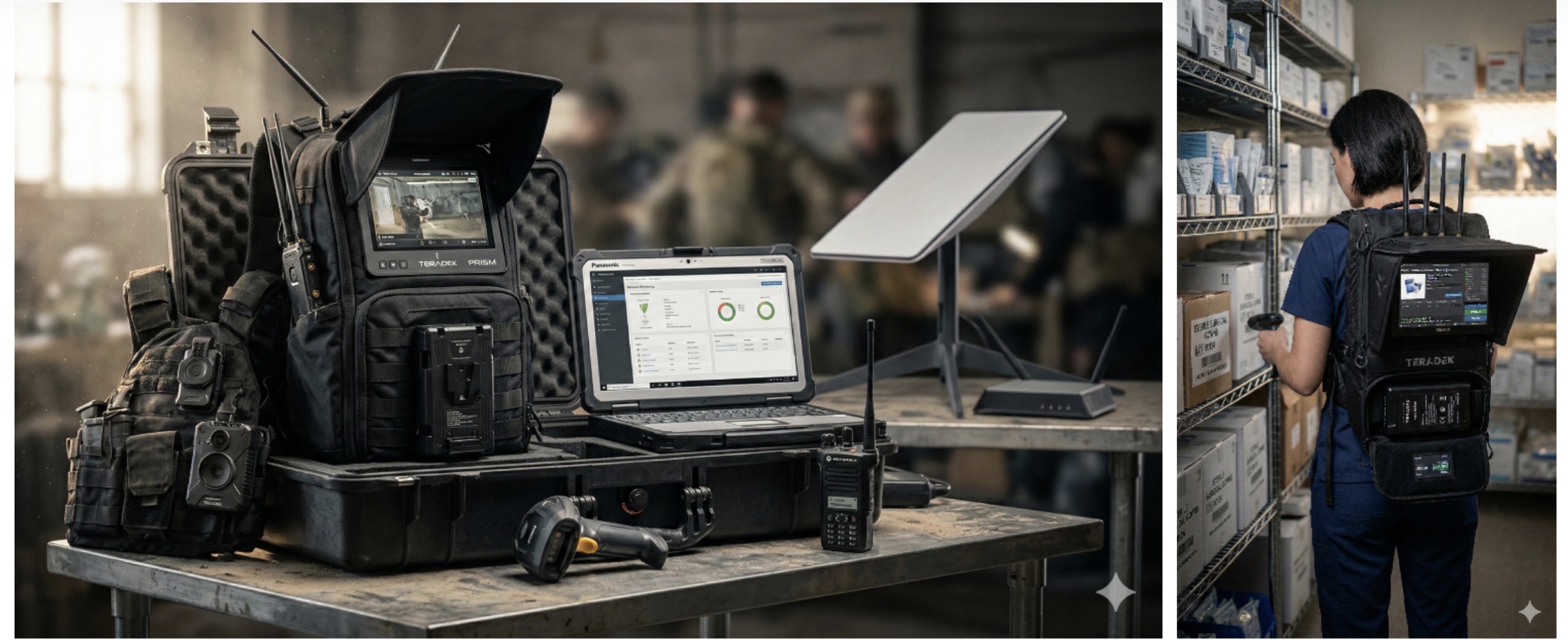 Go-bag kit with ruggedized compute, Starlink terminal, and barcode scanner — field-ready for offline operations