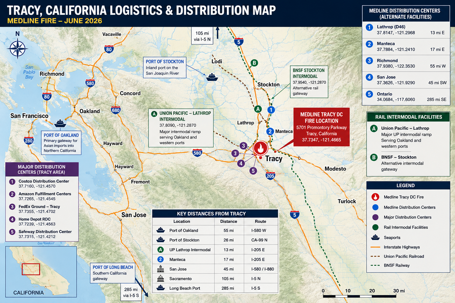 Tracy, California Logistics and Distribution Map — Medline Fire June 2026. Shows fire location, nearby distribution centers, rail intermodal facilities, ports, and key distances.